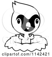 Cartoon Clipart Of A Black And White Cute Baby Cardinal Chick In A Nest Vector Outlined Coloring Page by Cory Thoman
