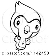 Cartoon Clipart Of A Black And White Cute Baby Bluejay Flying Vector Outlined Coloring Page