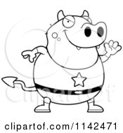 Cartoon Clipart Of A Black And White Chubby Super Devil Waving Vector Outlined Coloring Page