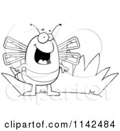 Cartoon Clipart Of A Black And White Dragonfly By Grass Vector Outlined Coloring Page