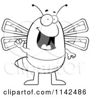 Cartoon Clipart Of A Black And White Waving Dragonfly Vector Outlined Coloring Page