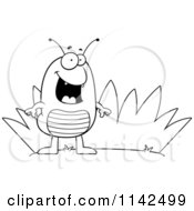 Cartoon Clipart Of A Black And White Flea By Grass Vector Outlined Coloring Page