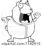Cartoon Clipart Of A Black And White Chubby Hamster Waving In Pajamas Vector Outlined Coloring Page