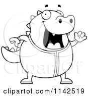 Cartoon Clipart Of A Black And White Chubby Lizard Waving In Pajamas Vector Outlined Coloring Page