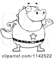 Cartoon Clipart Of A Black And White Chubby Super Lizard Waving Vector Outlined Coloring Page
