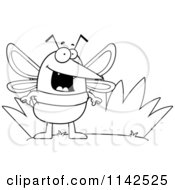 Cartoon Clipart Of A Black And White Mosquito By Grass Vector Outlined Coloring Page
