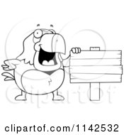 Cartoon Clipart Of A Black And White Parrot Standing By A Blank Wooden Sign Post Vector Outlined Coloring Page