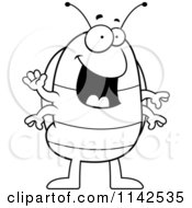 Cartoon Clipart Of A Black And White Waving Pillbug Vector Outlined Coloring Page