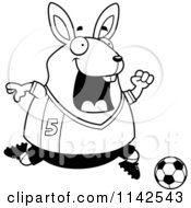 Cartoon Clipart Of A Black And White Chubby Rabbit Playing Soccer Vector Outlined Coloring Page