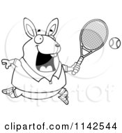 Cartoon Clipart Of A Black And White Chubby Rabbit Playing Tennis Vector Outlined Coloring Page