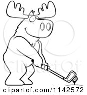 Poster, Art Print Of Black And White Golfing Moose Holding The Club Against The Ball On The Tee