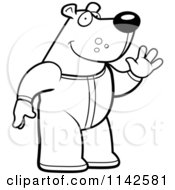 Cartoon Clipart Of A Black And White Waving Bear In Footie Pajamas Vector Outlined Coloring Page