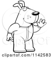Cartoon Clipart Of A Black And White Waving Dog In Footie Pajamas Vector Outlined Coloring Page