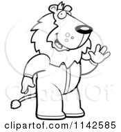 Cartoon Clipart Of A Black And White Waving Lion In Footie Pajamas Vector Outlined Coloring Page
