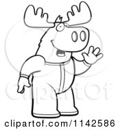 Cartoon Clipart Of A Black And White Waving Moose In Footie Pajamas Vector Outlined Coloring Page