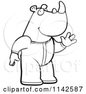 Cartoon Clipart Of A Black And White Waving Rhino In Footie Pajamas Vector Outlined Coloring Page