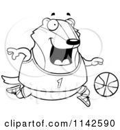 Cartoon Clipart Of A Black And White Chubby Badger Playing Basketball Vector Outlined Coloring Page