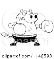 Cartoon Clipart Of A Black And White Chubby Devil Boxing Vector Outlined Coloring Page by Cory Thoman