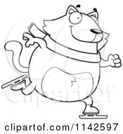 Cartoon Clipart Of A Black And White Chubby Cat Ice Skating Vector Outlined Coloring Page