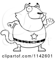 Cartoon Clipart Of A Black And White Chubby Super Cat Waving Vector Outlined Coloring Page