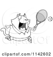 Cartoon Clipart Of A Black And White Chubby Cat Playing Tennis Vector Outlined Coloring Page