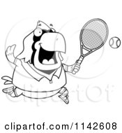 Cartoon Clipart Of A Black And White Chubby Cardinal Playing Tennis Vector Outlined Coloring Page