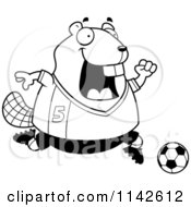 Cartoon Clipart Of A Black And White Chubby Badger Playing Soccer Vector Outlined Coloring Page