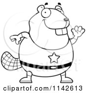 Cartoon Clipart Of A Black And White Chubby Super Beaver Waving Vector Outlined Coloring Page