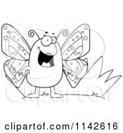 Cartoon Clipart Of A Black And White Butterfly By Grass Vector Outlined Coloring Page