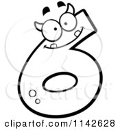 Cartoon Clipart Of A Black And White Number Six Devil Character Vector Outlined Coloring Page