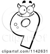 Cartoon Clipart Of A Black And White Number Nine Devil Character Vector Outlined Coloring Page