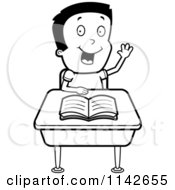 Cartoon Clipart Of A Black And White Smart School Boy Raising His Hand At A Desk Vector Outlined Coloring Page