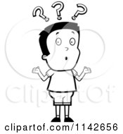 Cartoon Clipart Of A Black And White Confused Boy Shrugging Vector Outlined Coloring Page