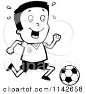 Cartoon Clipart Of A Black And White Athletic Boy Playing Soccer Vector Outlined Coloring Page