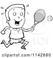 Cartoon Clipart Of A Black And White Tennis Boy Swinging His Racket At The Ball Vector Outlined Coloring Page