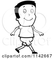 Cartoon Clipart Of A Black And White Boy Walking Vector Outlined Coloring Page