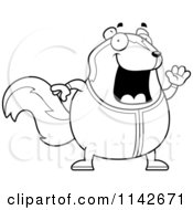 Cartoon Clipart Of A Black And White Chubby Skunk Waving In Pajamas Vector Outlined Coloring Page