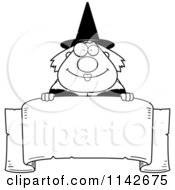 Poster, Art Print Of Black And White Chubby Witch Over A Parchment Banner