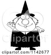 Cartoon Clipart Of A Black And White Chubby Witch Waving Vector Outlined Coloring Page