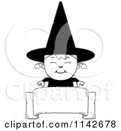Poster, Art Print Of Black And White Happy Halloween Witch Girl Over A Banner