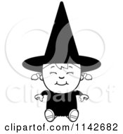 Cartoon Clipart Of A Black And White Happy Halloween Witch Girl Sitting Vector Outlined Coloring Page