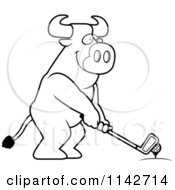 Poster, Art Print Of Black And White Golfing Bull Holding The Club Against The Ball On The Tee