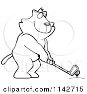 Cartoon Clipart Of A Black And White Golfing Cat Holding The Club Against The Ball On The Tee Vector Outlined Coloring Page
