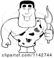Poster, Art Print Of Black And White Buff Caveman Holding A Torch