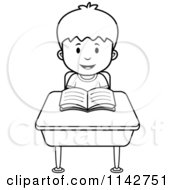 Cartoon Clipart Of A Black And White School Boy Reading At His Desk Vector Outlined Coloring Page