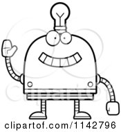 Cartoon Clipart Of A Black And White Waving Light Bulb Head Robot Vector Outlined Coloring Page by Cory Thoman