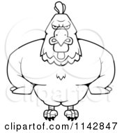 Cartoon Clipart Of A Black And White Muscular Rooster Vector Outlined Coloring Page