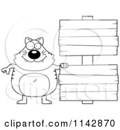 Cartoon Clipart Of A Black And White Cat With Wooden Signs Vector Outlined Coloring Page