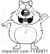 Cartoon Clipart Of A Black And White Cat Waving Vector Outlined Coloring Page
