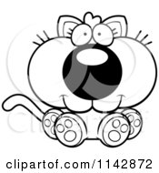 Cartoon Clipart Of A Black And White Cute Sitting Kitten Vector Outlined Coloring Page